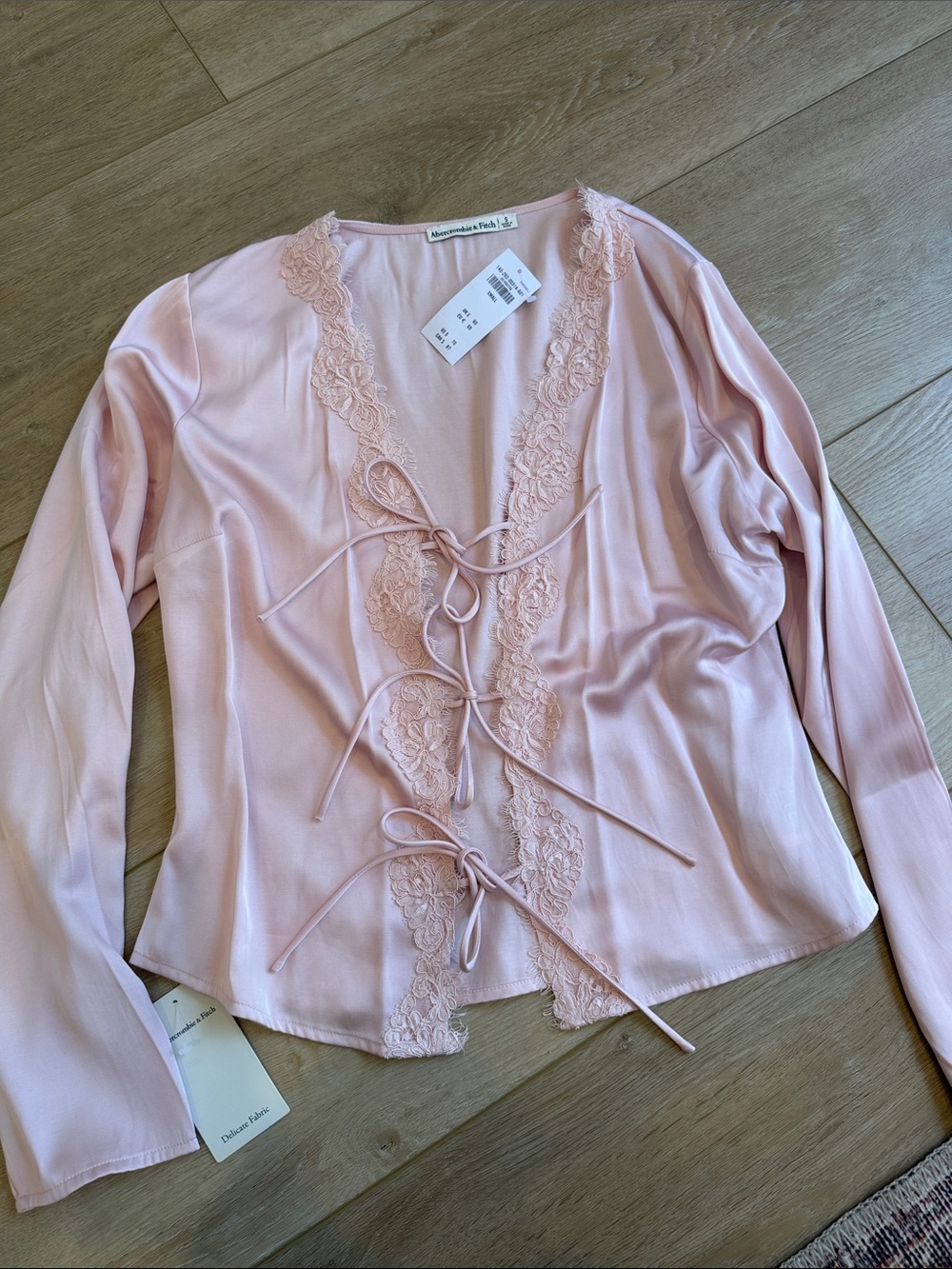 Abercrombie & Fitch Blush Pink Lace-Trim Satin Tie Top